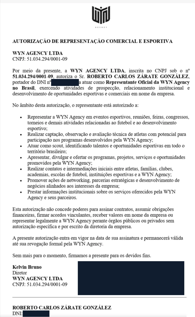 Autorização de representação comercial e esportiva da WYN Agency para Roberto Carlos no Brasil, com identificadores pessoais e assinatura digital ocultados.