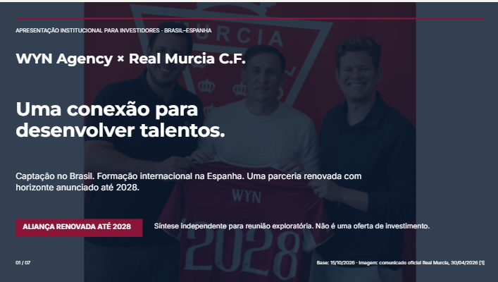 Print da capa da apresentação WYN Agency × Real Murcia C.F., com fotografia institucional, conexão Brasil–Espanha e aliança anunciada até 2028.